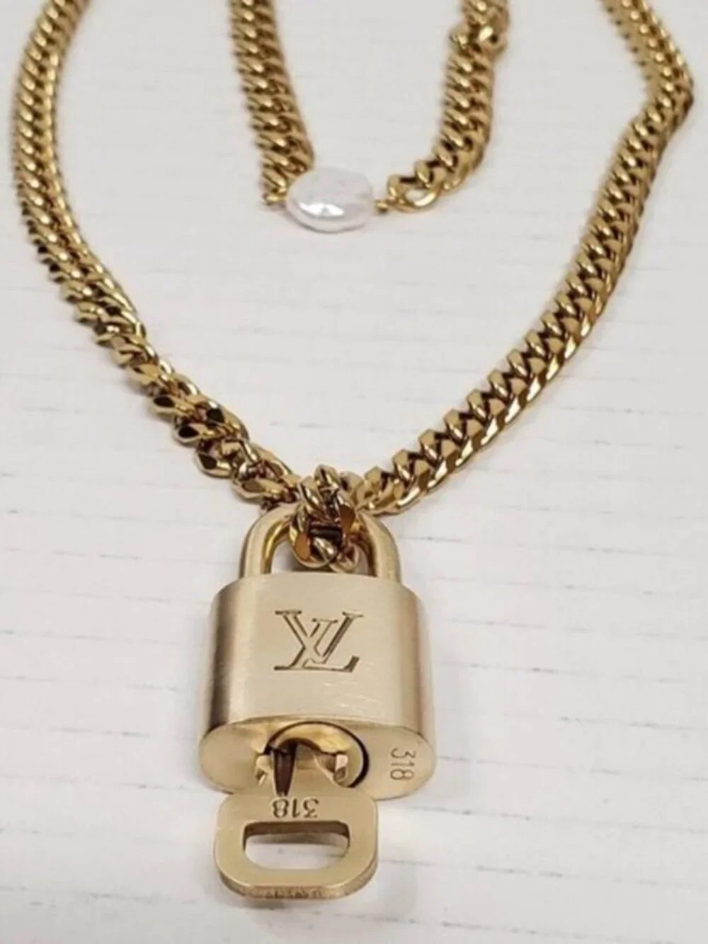 Stainless Steel Gold-Plated Necklace with Authentic Louis Vuitton Padlock